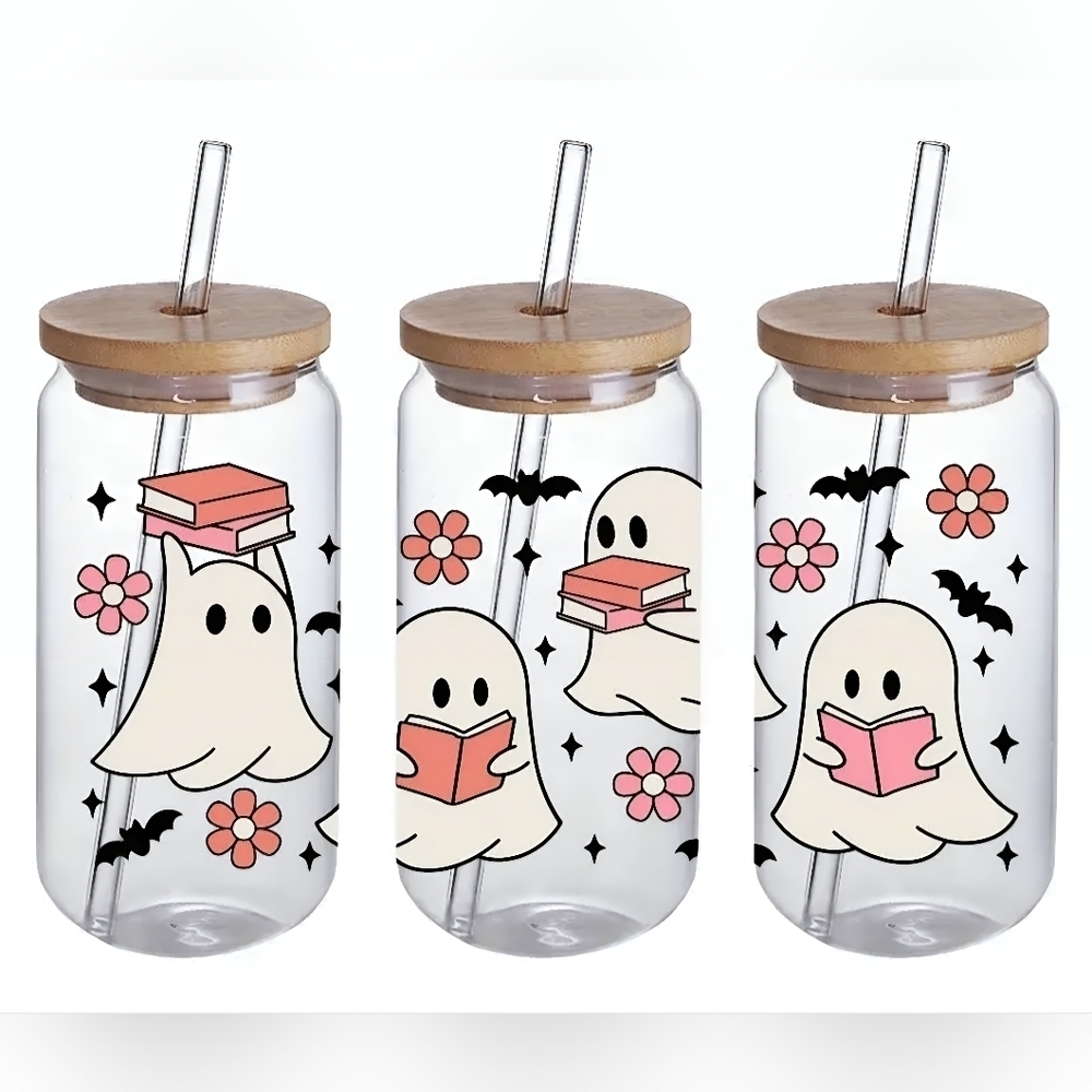 NEW! Halloween Ghost, Bats, & 📚 16oz Glass Tumbler